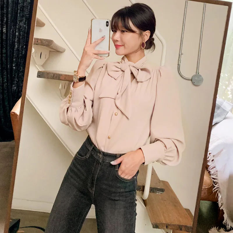 

Women Shirt Elegance Ladies Top Clothes Autumn New Women Lace Up Bowing Collar Lantern Sleeve Blouse Shirt Women Tops SL275