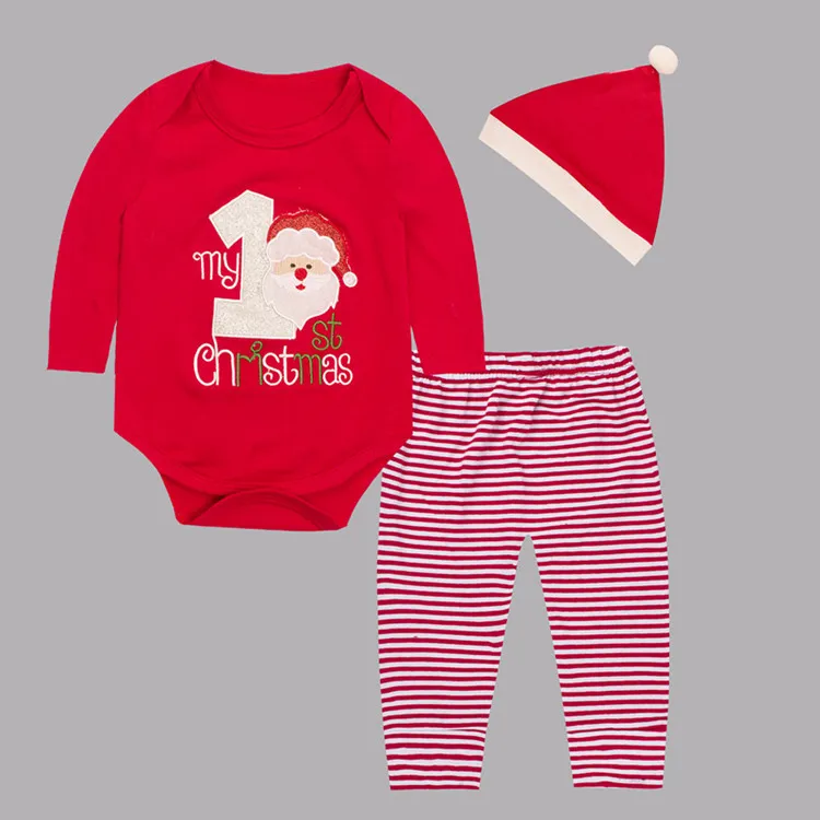 My First Christmas Baby Boy Girl Warm Romper Pants Santa Hat Outfits Set Clothes