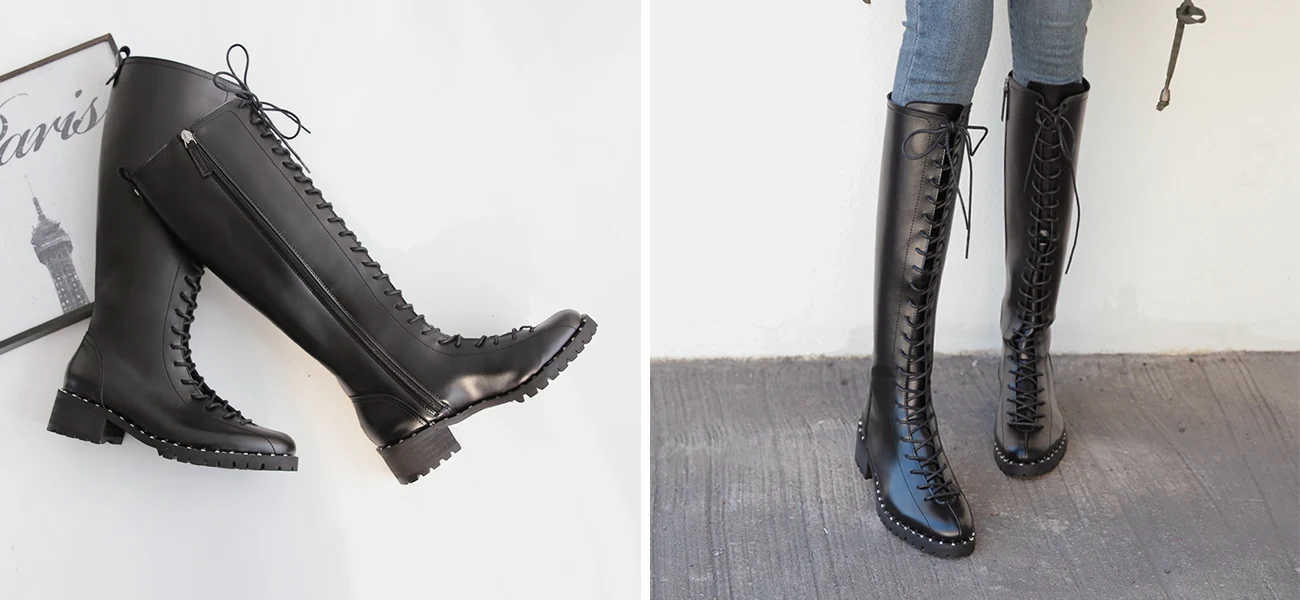 Chic Womens Knee High Boots Motorcycle Knight Boots Black Lace Up Shoes Square Heel Med Heels Shoes B07