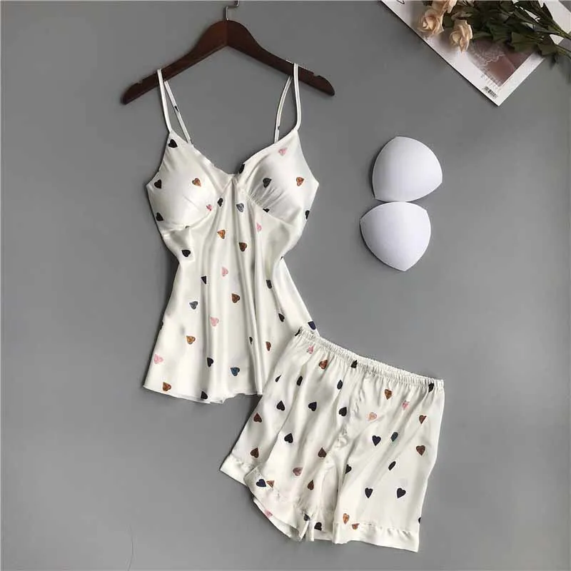 Весна и лето женский пижамный комплект из 2 предметов с принтом милое сердце с v-образным Вырезом Сексуальное Женское ночное белье Женская Мягкая тонкая атласная домашняя одежда - Цвет: heart-white