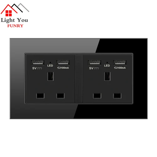 Хрустальная стеклянная панель, двойной USB порт для зарядки, 2.1A, настенное зарядное устройство, адаптер со светодиодным индикатором, 13A, английская розетка, розетка, черный, 1, 2 комплекта