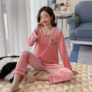 

V-neck Simple Lace Style Women Flannel Pajamas Set 2020 Winter Warm Home Wear Set Full Length Thicken Women 2Piece Sleepwear Set