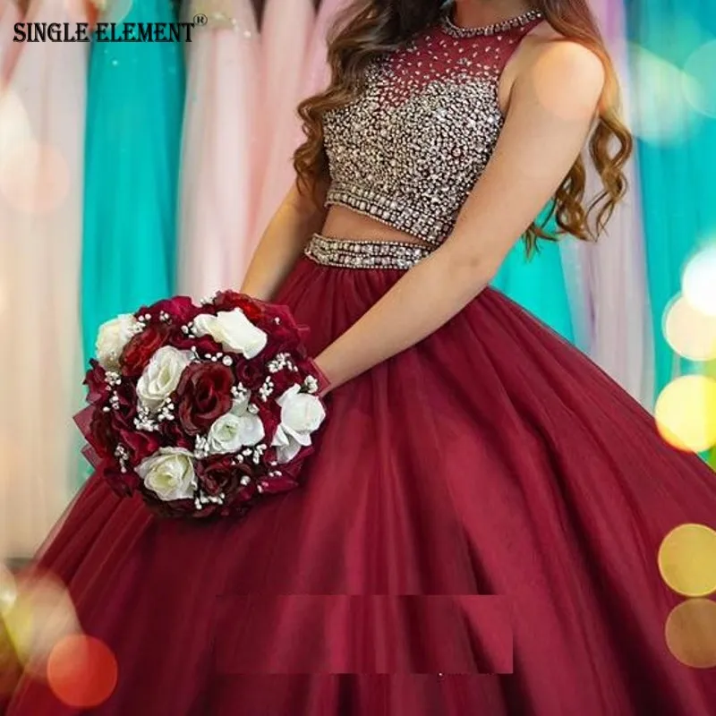 

SINGLE ELEMENT Fashion Crop Top Two pieces Ball Gown Organza Prom Dresses