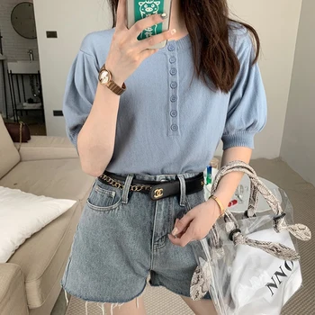 

OUMENGKA Solid Half Sleeve Button Top Women Shirts Harajuku Korean Black Burgundy Cute Clothes Cotton Basic Short T Shirt Femme