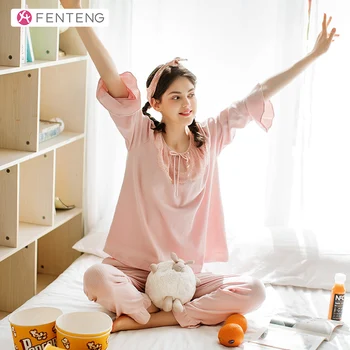 

FENTENG Spring Pajamas Women 2PCS Long Sleeve Sleepwear & Pants Striped Cute Homewear 96% Cotton Soft Nightwear J98011226