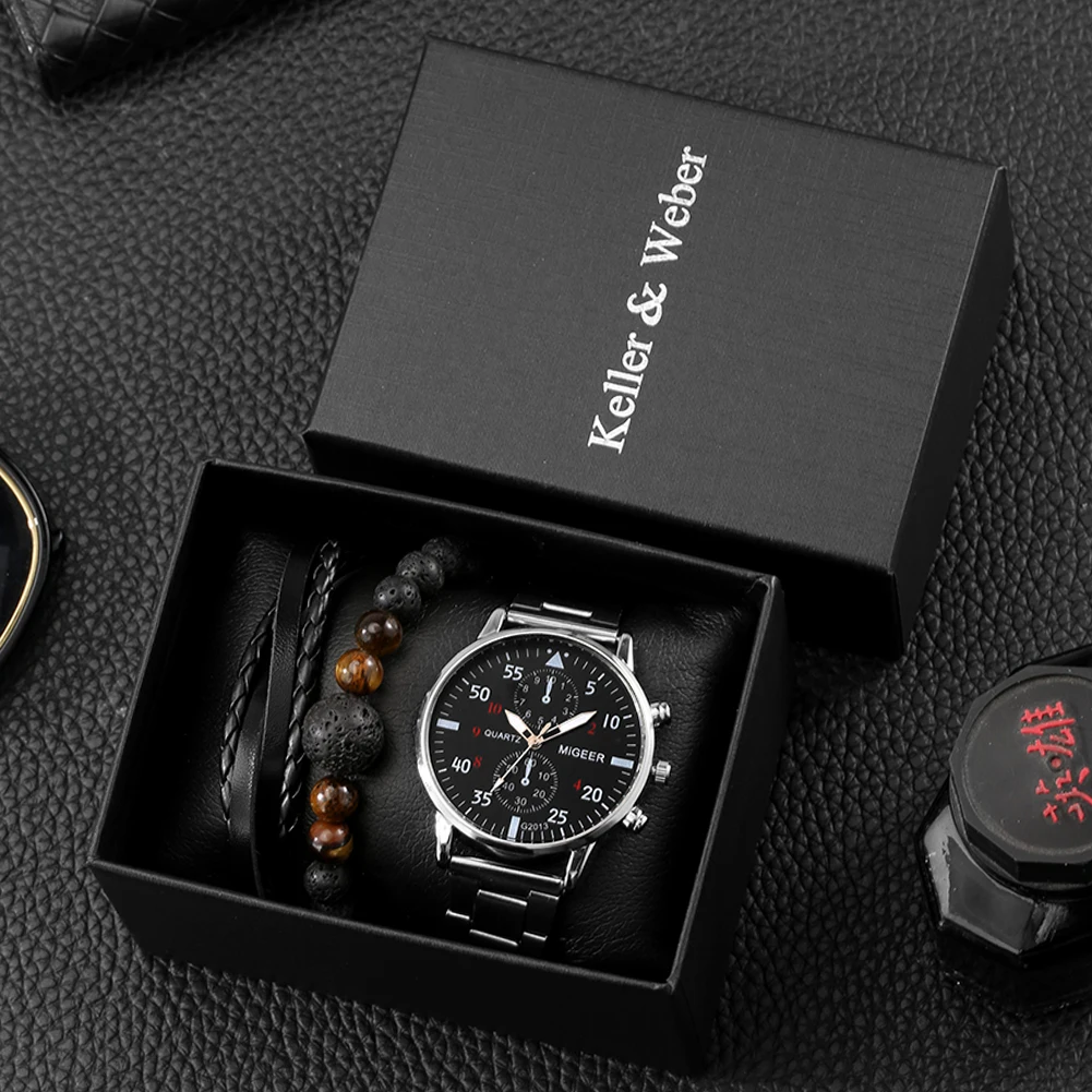 

Men's Silver Watch Bracelet Set Simple Quartz Black Dial Stainless Steel Band Buckle Men Chains Gift Sets With Box for Friend