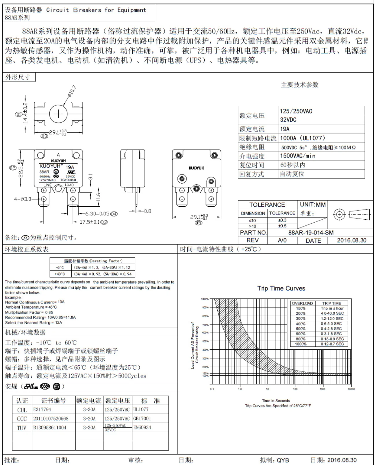 1Pcs Breaker KUOYUH 88AR Series 3A 4A 5A 6A 7A 8A 9A 10A 11A 12A 15A 17 18A 20A 24A 25A Self-Recovery Current Overload Protector