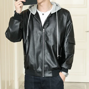 

2019 New Autumn Fashion Men's Leather Jacket Men's Two-in-one Hit Color Imitation PU Leather Jacket Hooded Jacket Fake Two