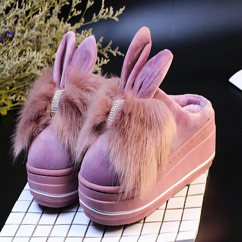 Домашние женские тапочки с заячьими ушками; zapatillas mujer; новые зимние теплые тапочки на Высоком толстом каблуке из хлопка с милым рисунком