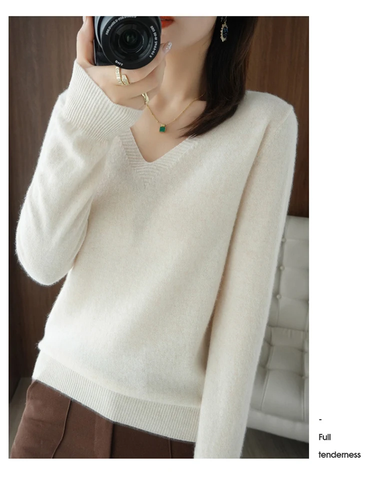 Autumn Winter New Cashmere Sweater Women Keep Warm V-neck Pullovers Knitting Sweater Fashion Korean Long Sleeve Loose Tops