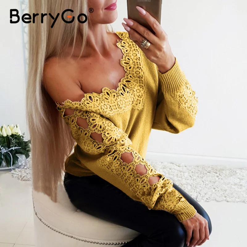 BerryGo сексуальные женские свитера с открытыми плечами повседневные розовые