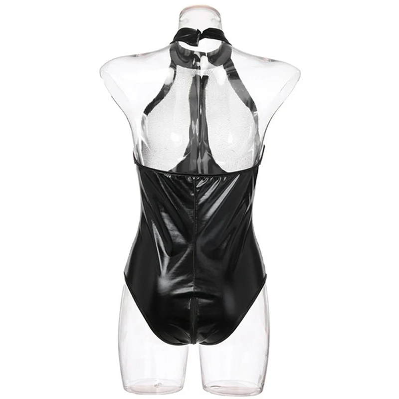 bodysuit top Women Bright Black PVC Leather Bodysuits Choker Necklace Collar Hot Punk Fashion Mesh Catsuit Short Jumpsuits white bodysuit
