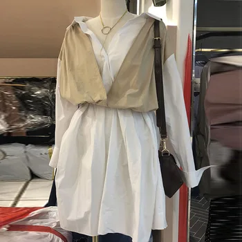 

2020 Autumn Clothing New Style Korean-style Mock Two-Piece Shirt Dress Contrast Color Joint Waist Hugging Slimming Elegant Platy