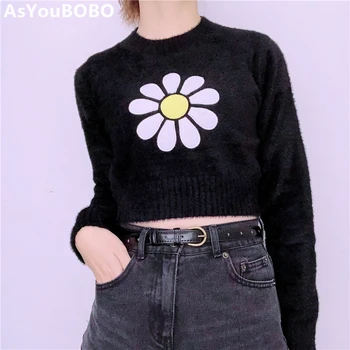 

2020 Vintage fashion women daisy Mohair Sun flower pattern embroidery uf korean style short pullover sweater women YQ-1128