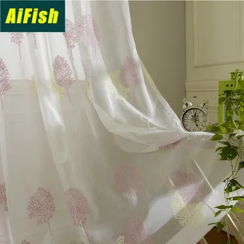 

Embroidered Curtains For White Balcony Living Room Decoration Happy Tree Pattern Windows Tulle Kitchen Curtains X-TM006-4