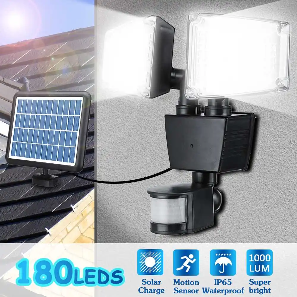 

180 LED 1000LM Two Head Solar Lamps PIR Motion Sensor Activated Waterproof Outdoor Flood Light for Entryways Patio Yard Gardren