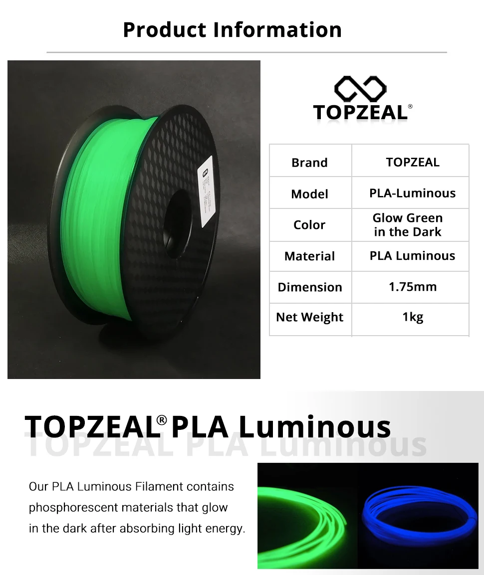 TOPZEAL Glow Shining Green Color in the Dark 3D Printer PLA Filament 1.75mm PLA 1KG Spool Firefly Color plastic 3d printer