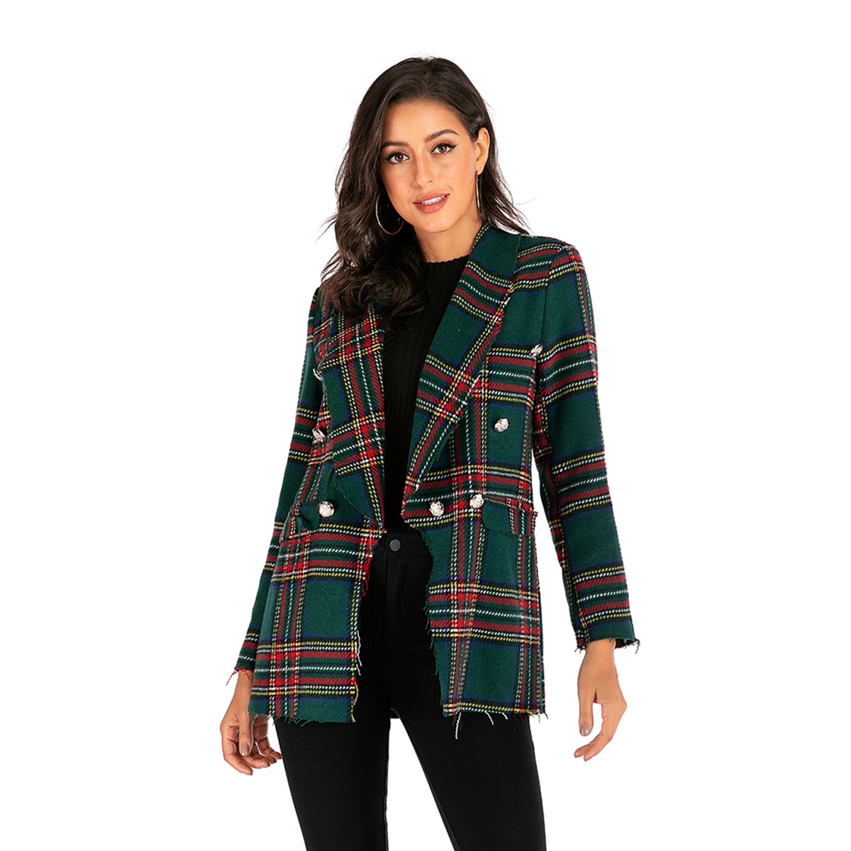 Fashion ladies jacket autumn and winter new plaid long-sleeved woolen coat jacket cardigan women's jacket