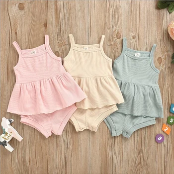

2020 Fashion Solid Color Pit Strip Children'S Clothing Three-Color Sleeveless Sling Tops Shorts Two-Piece Set For Kids Comfort