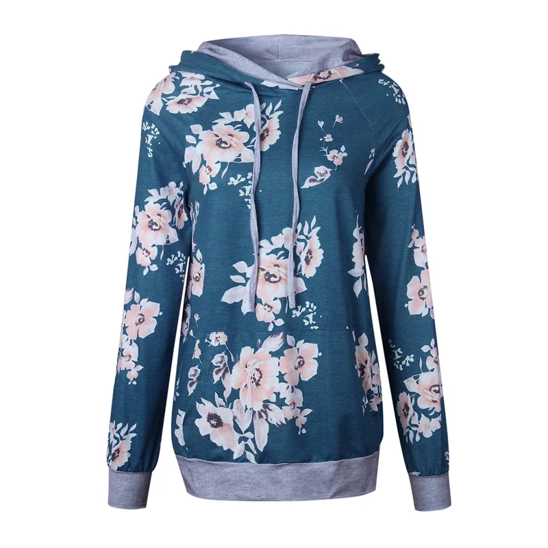 New Autumn Hooded Sweatshirt Women Slim Pocket Floral Printed Hoodies Fashion Casual Long Sleeve Cotton Warm Winter Hoody - Цвет: 0552 Blue