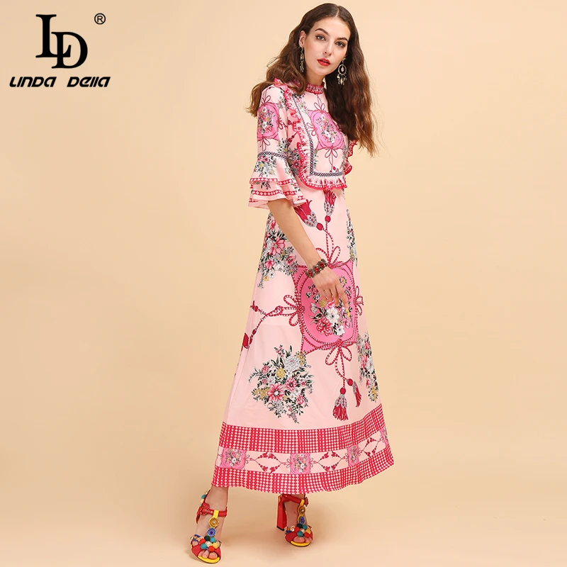 LD LINDA DELLA Fashion Runway Autumn Elegant Vintage Dress Women's Flare Sleeve Floral Printed Ruffles Ladies Party Long Dresses