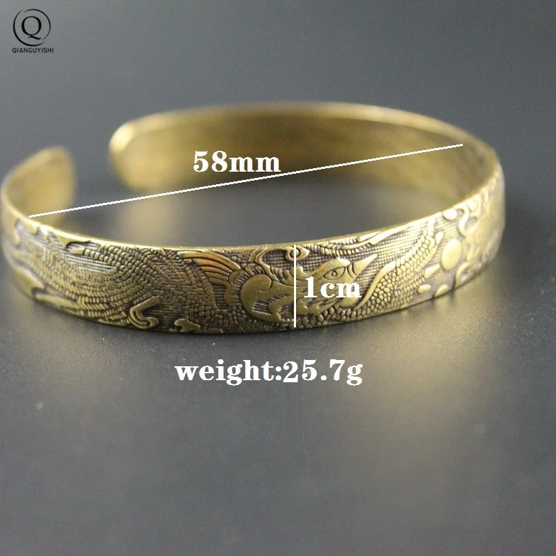 Retro Brass Dragon Phoenix Pattern Princess Bangle Classic Pure Copper Open Bracelet Ancient Women Wristband Valentine's Gifts Bangle Bracelet