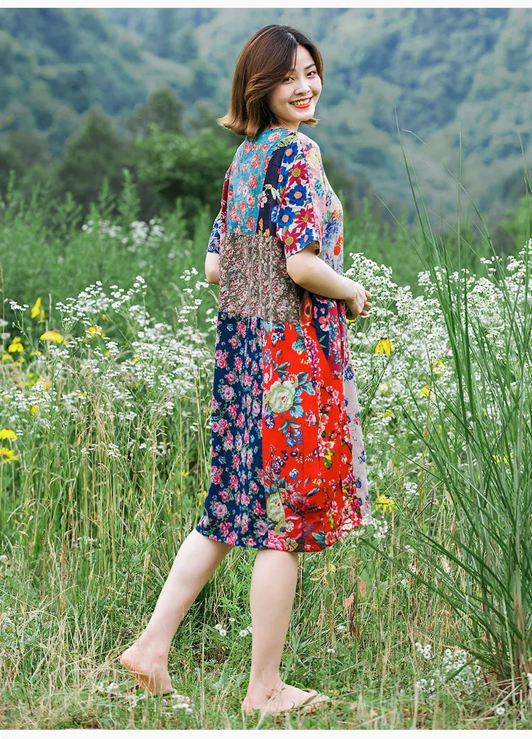National Wind WOMEN'S Dress zhi pai Manufacturers Direct Selling Dress Summer Pure Cotton Printed Joint Pullover Dress Mid-lengt