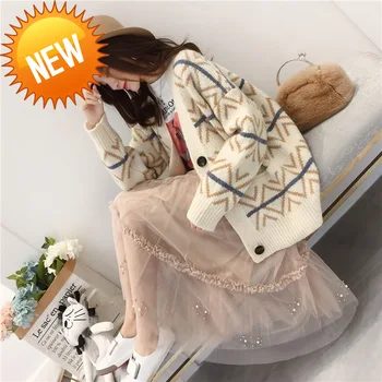 

Thick Korean Women Sweater Cardigan Autumn Stripe Female Sweaters