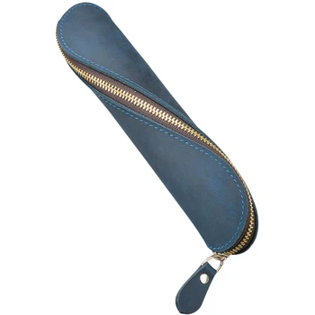 

Leather Pencil Case, Small Vintage Handmade Pen Case with Zipper, Genuine Leather Art Craft Spiral Pen Holder Pencil Pouch (Blue