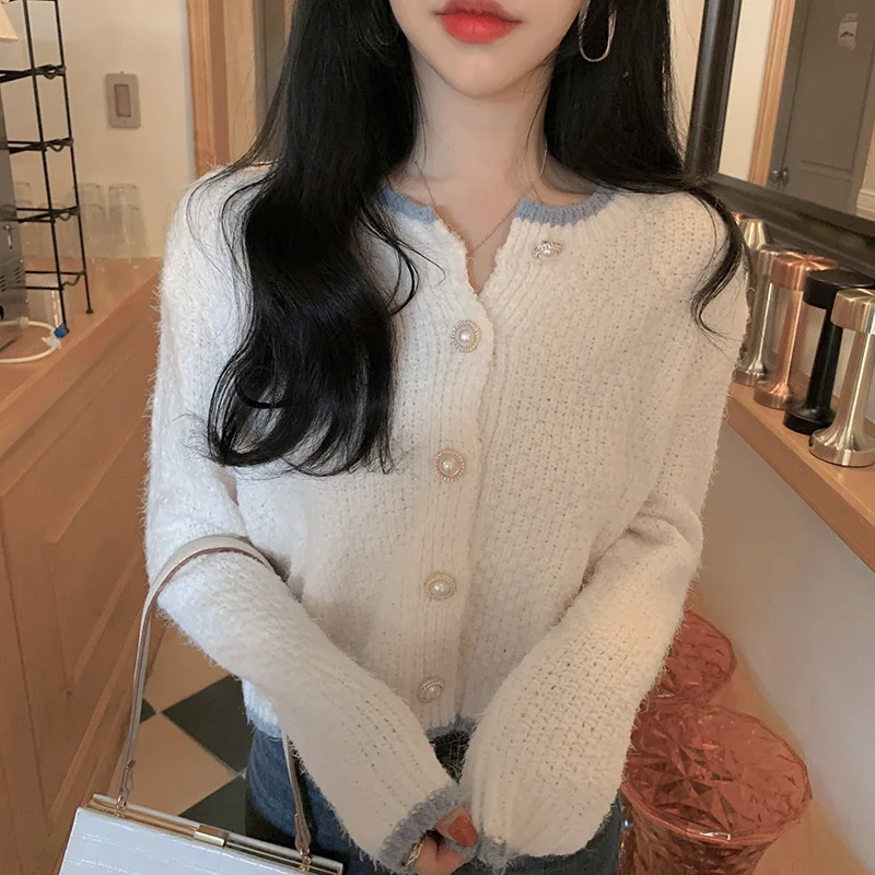 

Korean Style Sweater For Women Solid Full Sleeve O Neck Casual Button Cardigan Elegant Sweet Beading Fashion Tops Office Lady