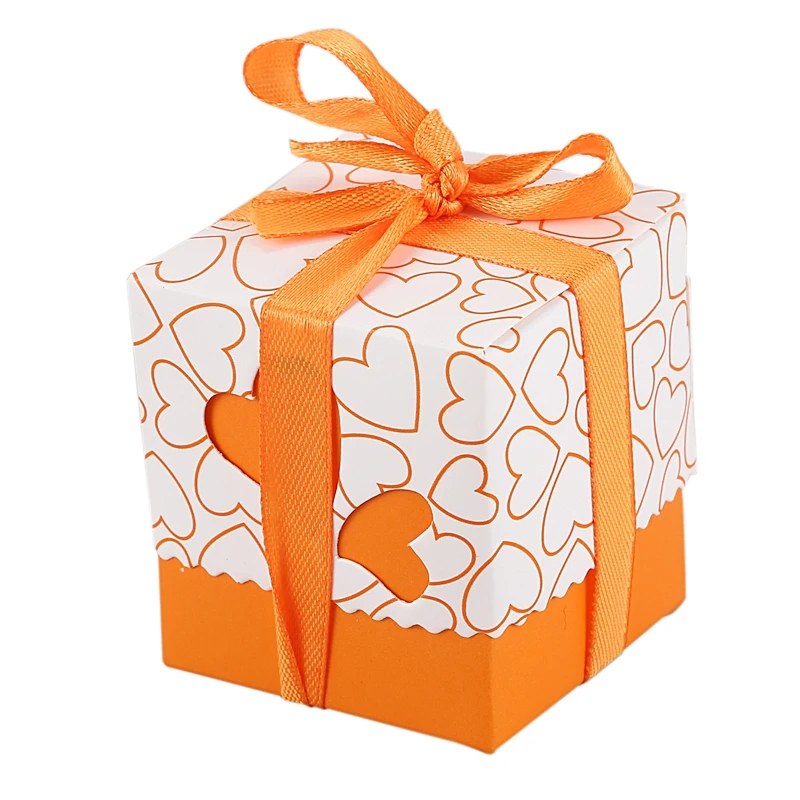 

30pcs Love Heart Small Laser Cut Gift Candy Boxes Wedding Party Favor Candy Bags With Ribbon Decor, Orange