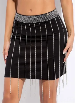 

Sexy Black Metal chain woman skirts women Summer beach Rhinestones tassel mini skirt vintage short Night club party skirts 2020