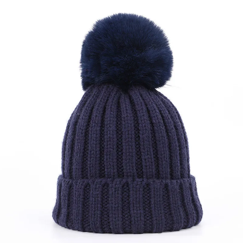 

Autumn and Winter Color Men and Women Children's Warm Knitted Hat All-match Fur Ball Knitted Woolen Cap Thick Warm Sleeve Cap