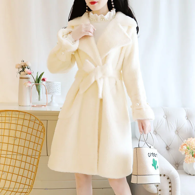 Winter New Style Fresh Fashion Mink Fur Handmade Beading Large Lapel Lace-up Mid-length Woolen Cloth Coat