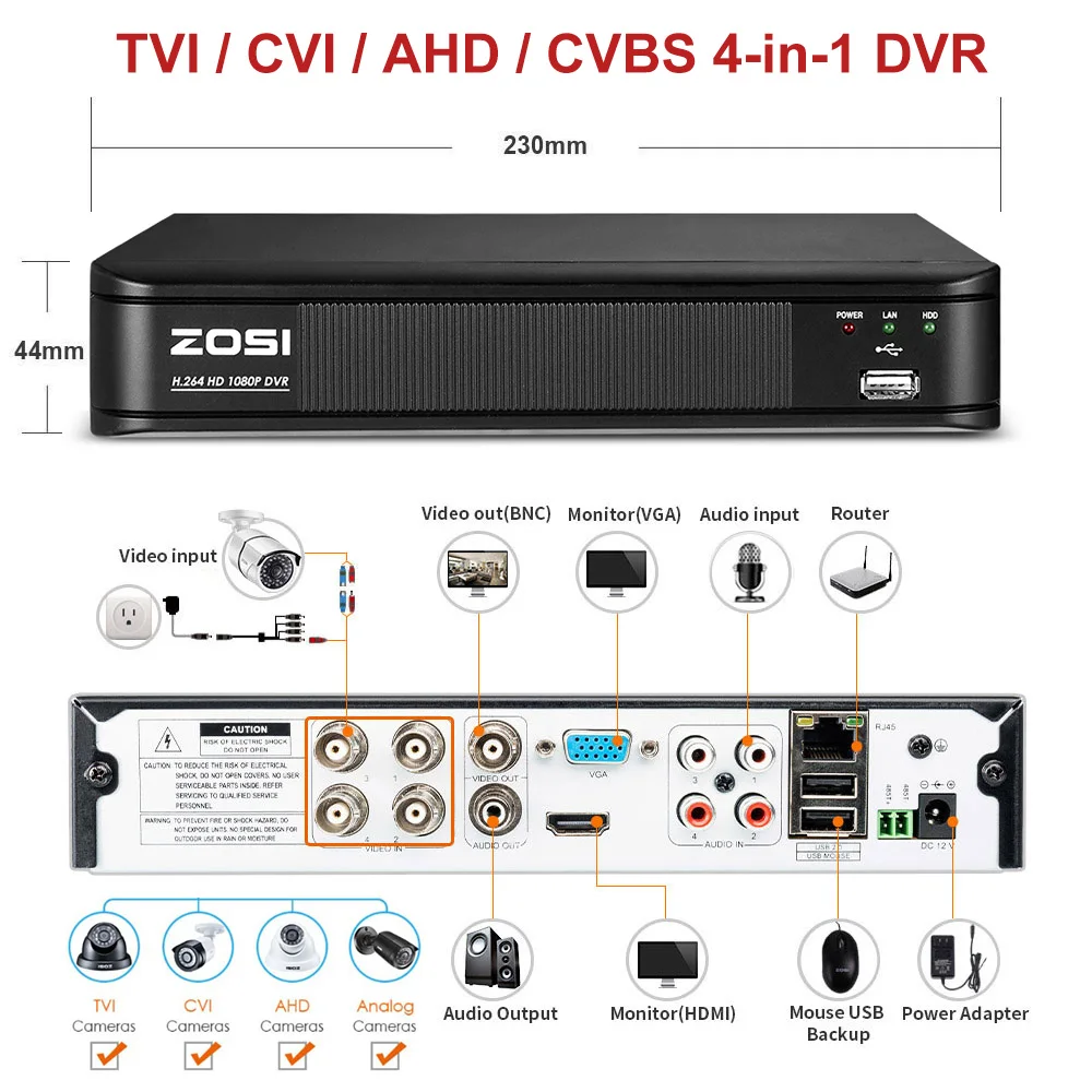 ZOSI 1080P 4-в-1 CVBS AHD CVI TVI безопасности 4ch CCTV Системы 1080P CCTV Камера 2MP видео Камера наблюдения DVR Kit 4ch HDD