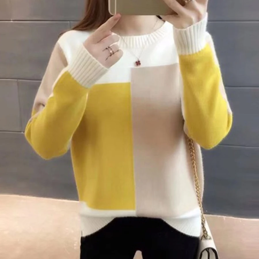 

O-Neck Thicken Warm Winter Pullover Sweater Women Fashion Patchwork Knitted Bottoming Top Female Slim Long Sleeve Sweater Autumn