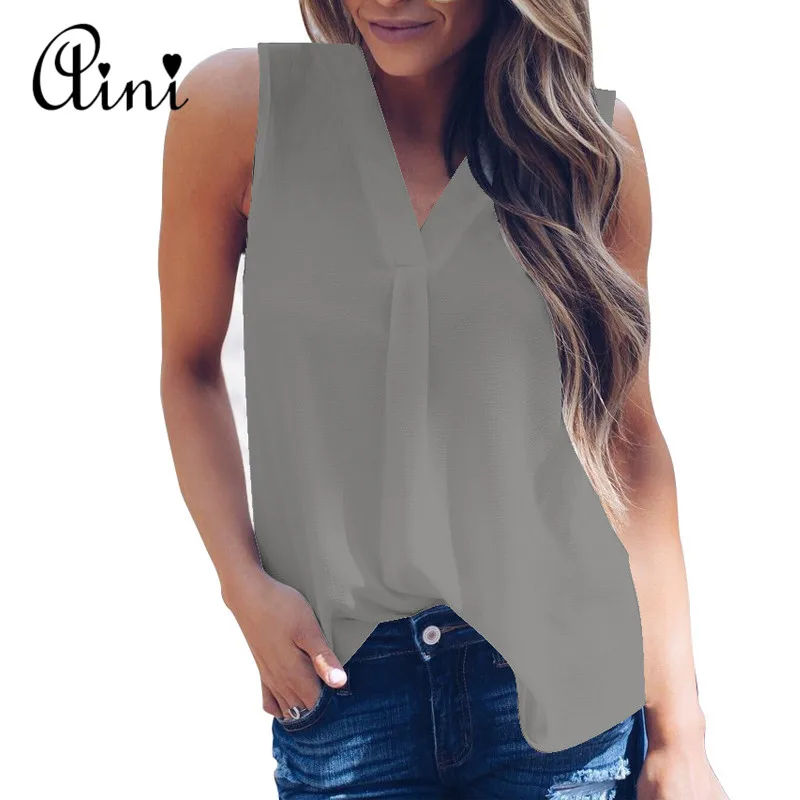 Plus Size 5XL Women Blouse and Tops Summer Top Casual Loose Sleeveless Solid V-neck Chiffon Blouses Female Shirts Vest Blusa
