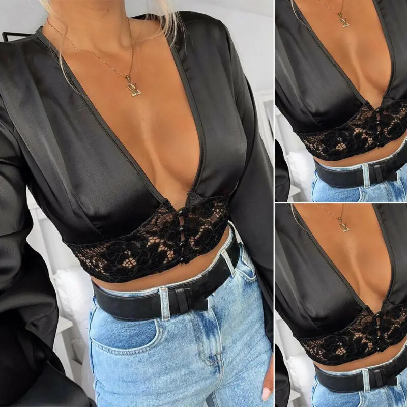 Hot Women Mesh Sheer Blouse See-through Hollow Deep V Lace Crop Top Long Sleeve Top Shirt Sexy Lace Black Shirt Female Blusas Hot Women Mesh Sheer Blouse See-through Hollow Deep V Lace Crop Top Long Sleeve Top Shirt Sexy Lace Black Shirt Female Blusas