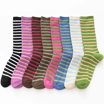 

New women's color striped cotton casual socks cheap and fashionable combed cotton long socks 5 pair