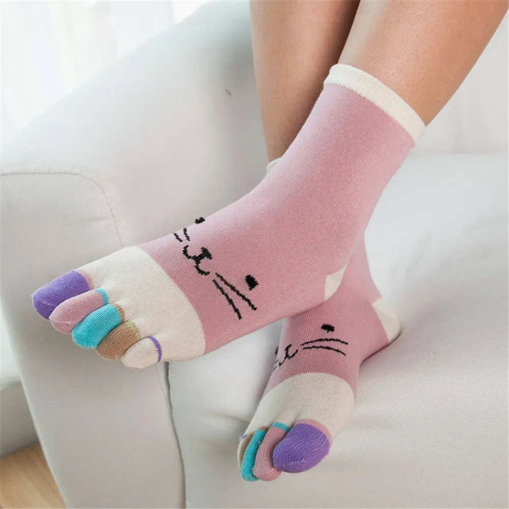 Женские цветные носки с пятью пальцами в стиле пэчворк; хлопковые носки; сезон осень-зима; толстые носки с забавным рисунком кота; skarpety