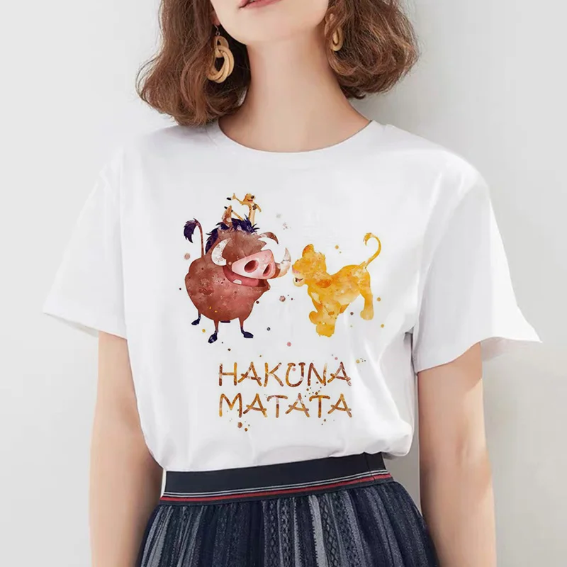 Модные женские футболки Hakuna Matata Kawaii с принтом, футболка с героями мультфильмов, большие размеры, милые топы, свободные белые футболки с круглым вырезом