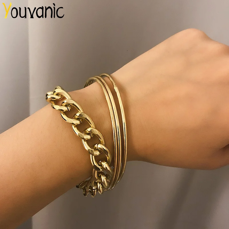 Youvanic Large Gold Bracelets Bangles Set For Women Thick Link Chain Bracelet Punk Simple Smooth Bangle Charm Boho Jewelry 0164 | Украшения