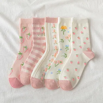 Calcetines de algodón estilo Kawaii Harajuku japonés para mujer, medias divertidas y rosas con fresas y flores, 121702 1