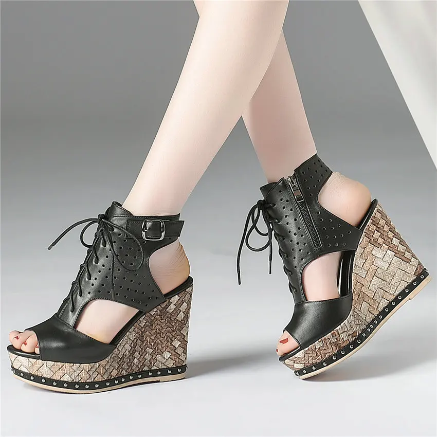 Womens Gladiator Sandals Wedge Heels Open Toe Leather Hollow Out High Top  Shoes