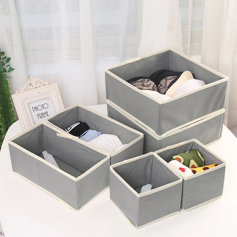 Without Cover Underwear Plaid Fabric Desktop Bra Knicker Socks Storage Box Drawer-type Organizing Storage Box Six Pieces Set