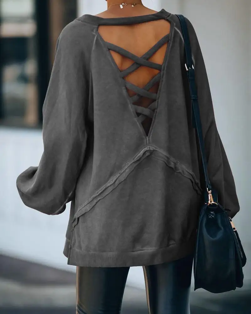 

2020 Women Autumn Spring Fashion Round Neck Hoodie Solid Hollow Out Backless Plain Long Sleeve Casual Sweatshirt