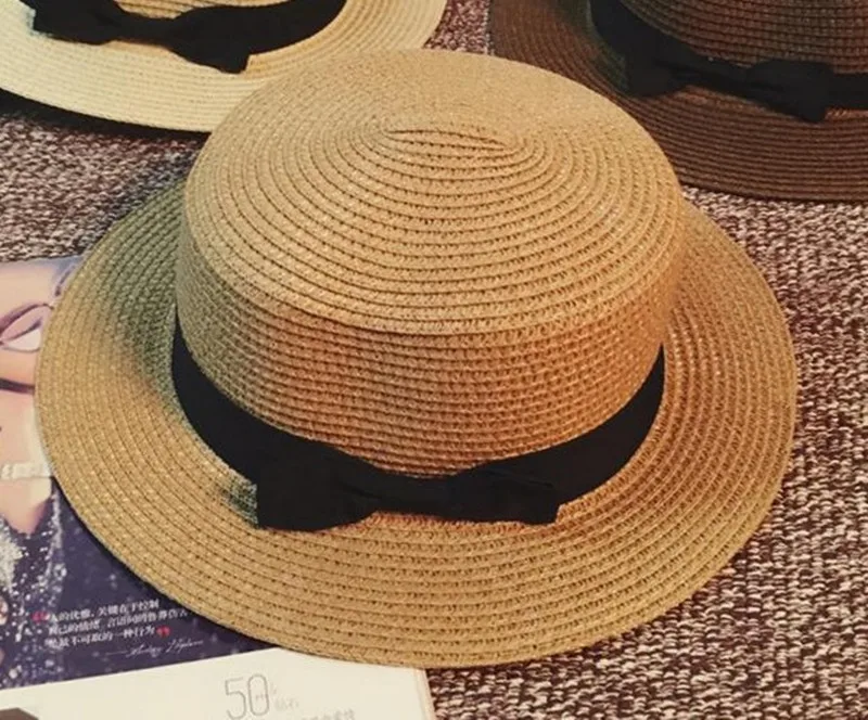 Khaki Simple Summer Adult Beach Sun Hat Female Casual Panama Hat Lady Brand Women Flat brim Bowknot Straw Cap Glris Sun Hat - Цвет: Khaki