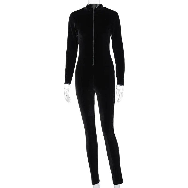 Slim Bodycon Women Jumpsuits Zippers Skinny Velvet Jumpsuit Mock Neck Elegant Stunning Autumn Winter Workout Tight Rompers