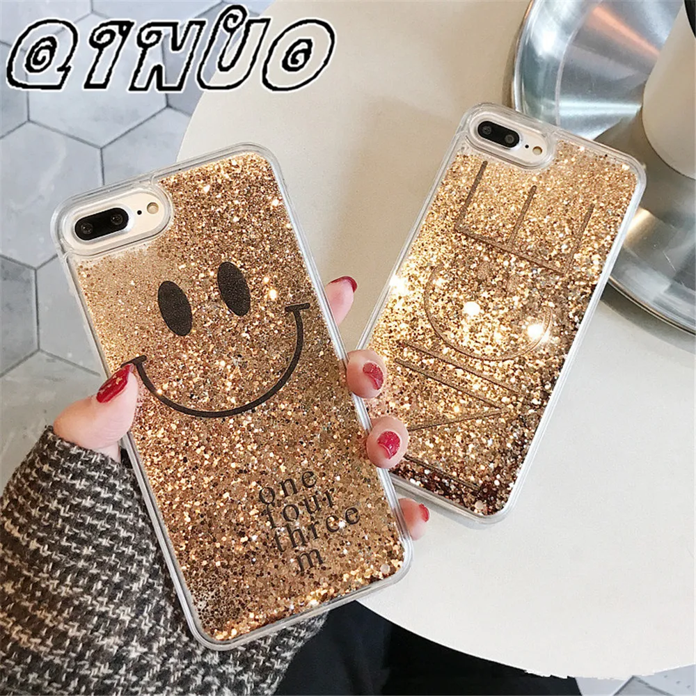 

QINUO Golden Liquid Quicksand Smile Case For iPhone 6 6s 7 8 X Shiny Noble Soft Soft Back Phone Case For iPhone 7 8 6S 7 Plus