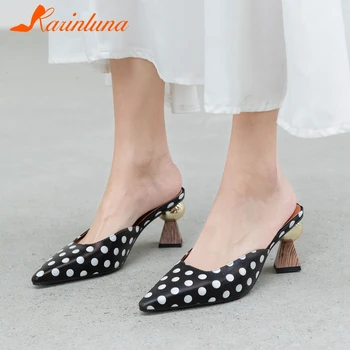 

Karinluna New Design 2020 Genuine Cow Leather Strange Style Shoes Woman Pumps Female Slip On Mix Color Pumps Mules Women Shoes
